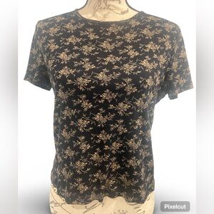Lauren Ralph Lauren Black and Gold Floral Tee sz. Medium